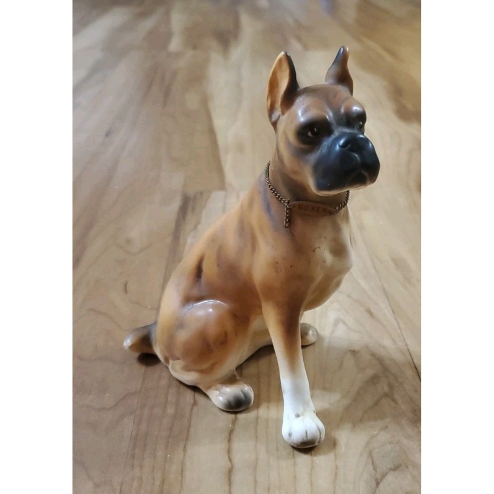 Vintage Porcelain Sitting Boxer Dog Figurine With Collar Made In Japan MCM